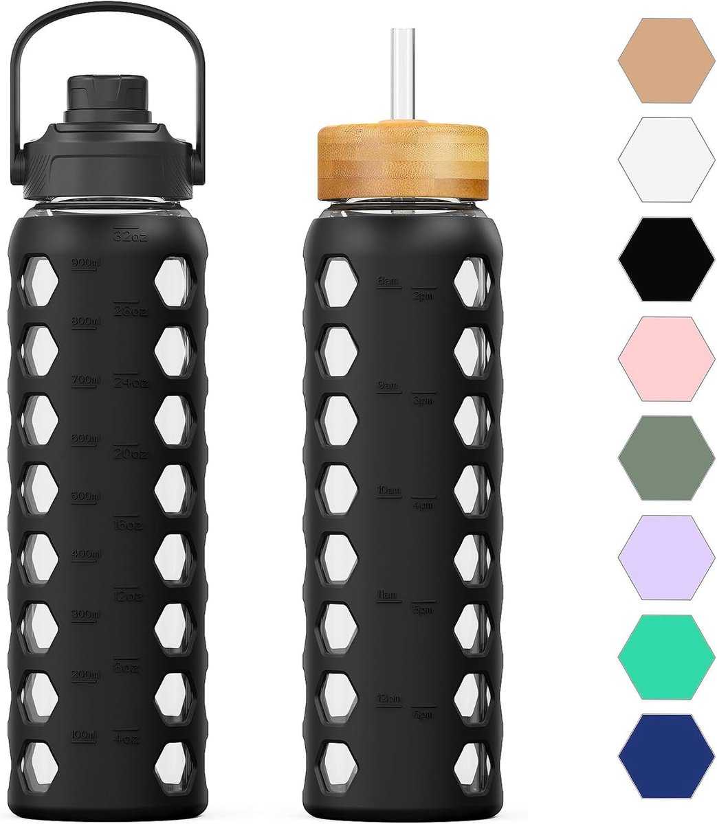 950 ml glazen waterfles met rietje en deksel, glazen fles met handgreep, siliconen hoes met tijd- en waterdisplay, BPA-vrij, zwart