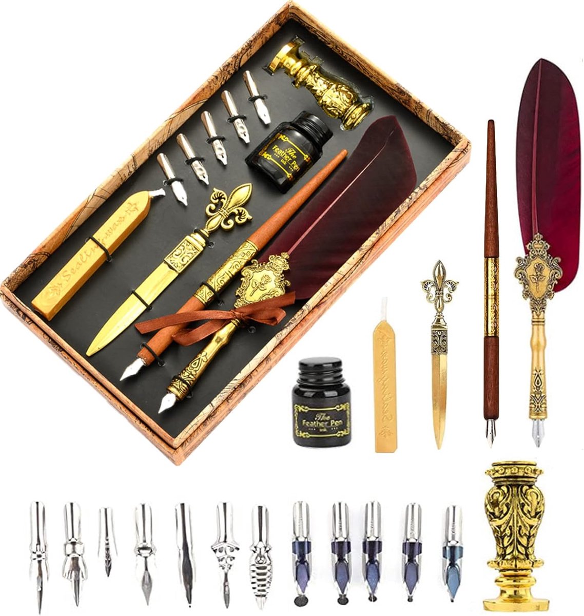 Quill en inkt set met waszegel, gouden wasstempel voor briefafdichting, kalligrafie houten tekenpen, 17 kalligrafiepenpunten, metalen briefopener, zwarte inktfles en geschenkdoos, wijnrood