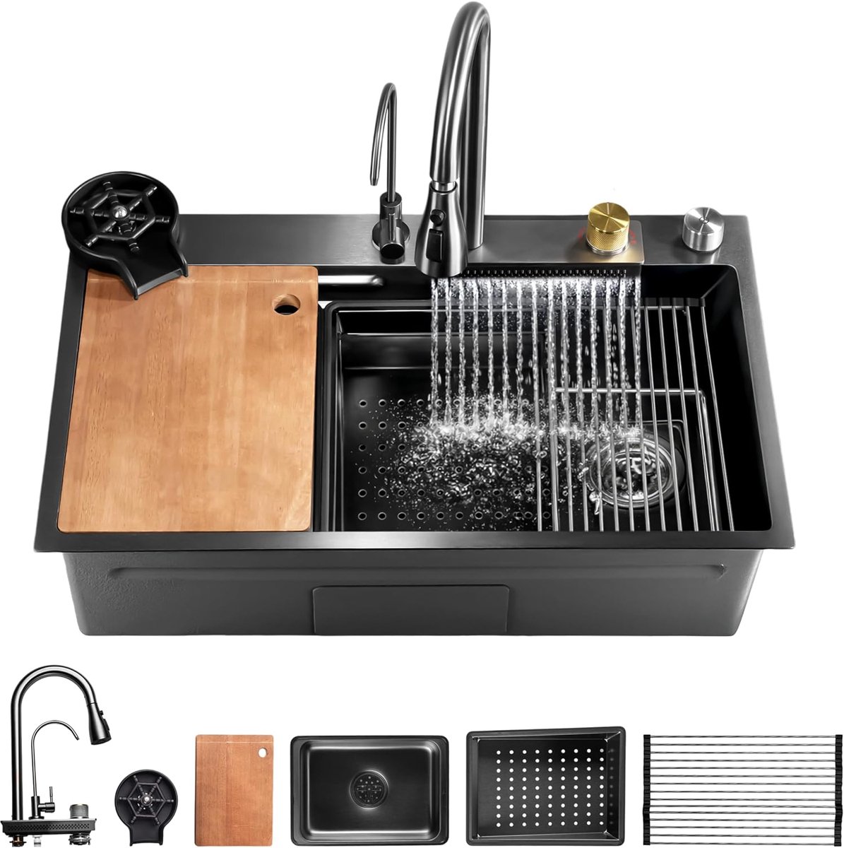Rubber Wasbakmat voor Keuken en Mobiele Wasbak – Zwarte Mat, Anti‑Slip, Krasbestendig, Ideaal voor Camper, Keuken en Buitenkeuken – Drop In/Topmount Workstation Sink met Sliding Accessories