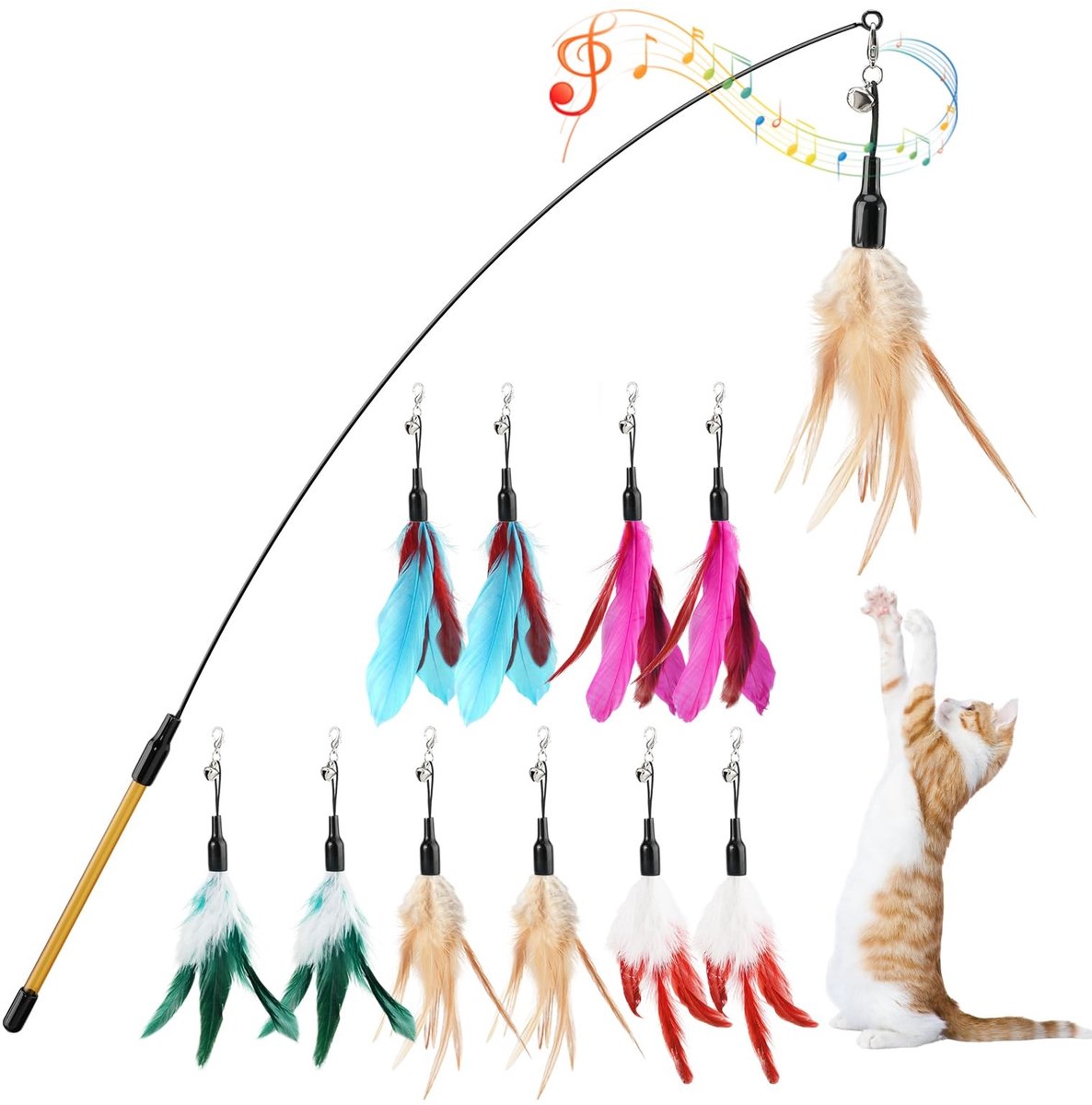 Omgoods - Interactief Katten Speelgoed met Veer - 34.5" Lange Hengel met Extra 10 Veren en Bel