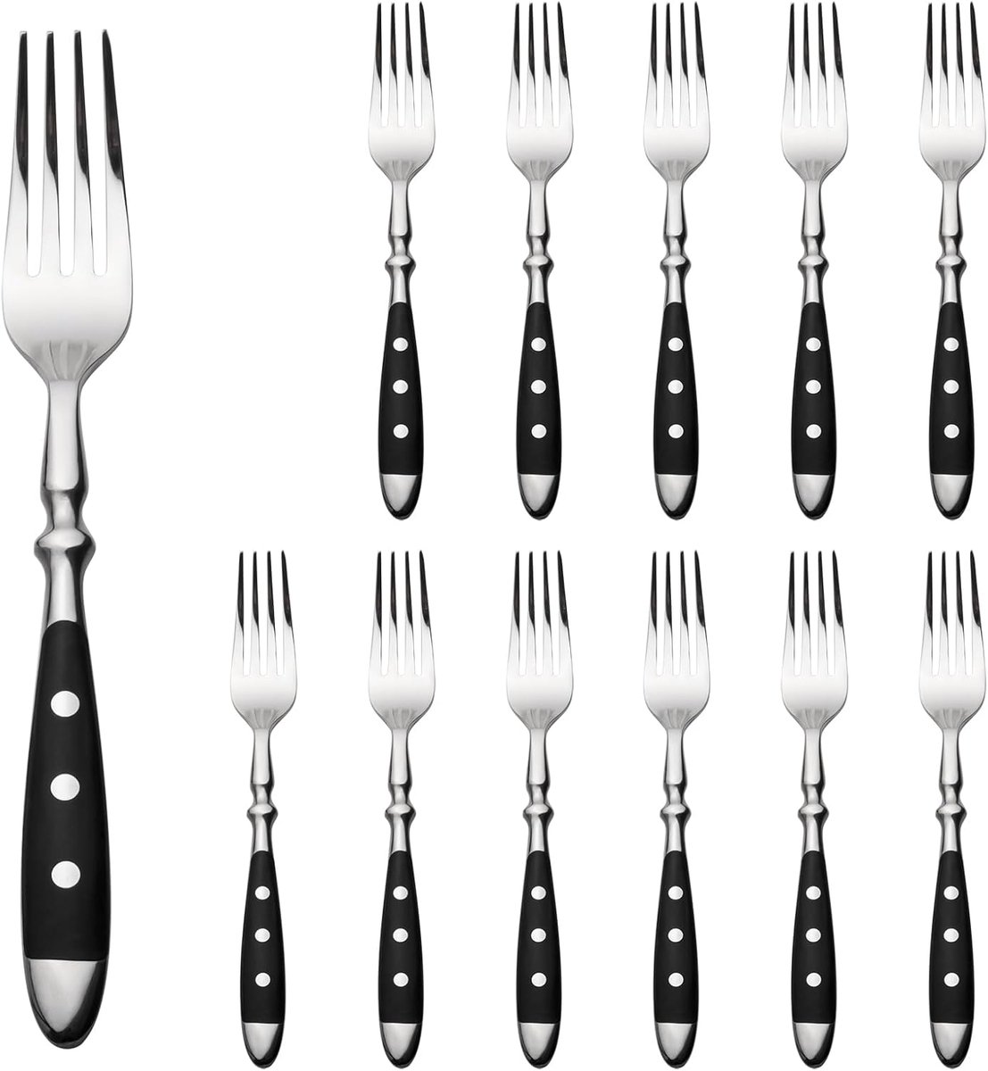 Taartvorken, 12 stuks, roestvrij staal, kleine vorkset, hoogglanzend gepolijst, zwarte handgrepen, dessertvorken, fruitvorken voor thuis, restaurant, feestspel buiten, bruidspaar, serie Berlijn