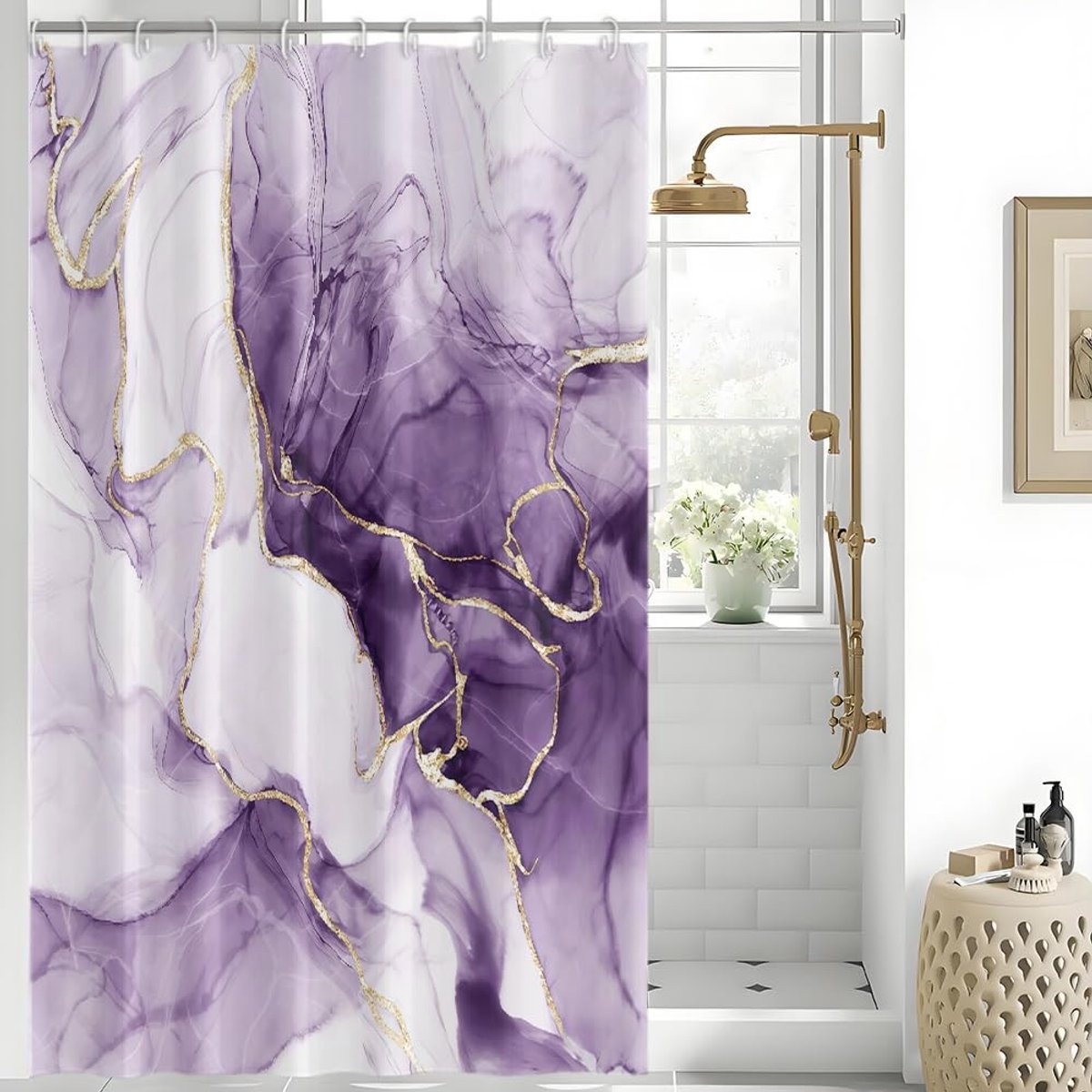 Omgoods - Douchegordijn met Marmerlook 150 x 200 cm Antischimmel Paars
