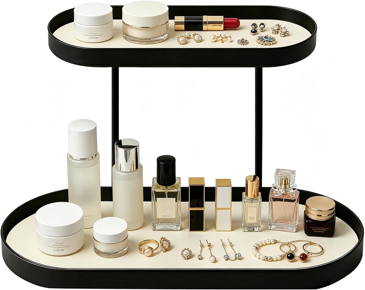 2 verdiepingen, montagevrij, elegant parfumrek van metaal en kunstleer, stabiele opbergstandaard voor parfum, cosmetica en sieraden