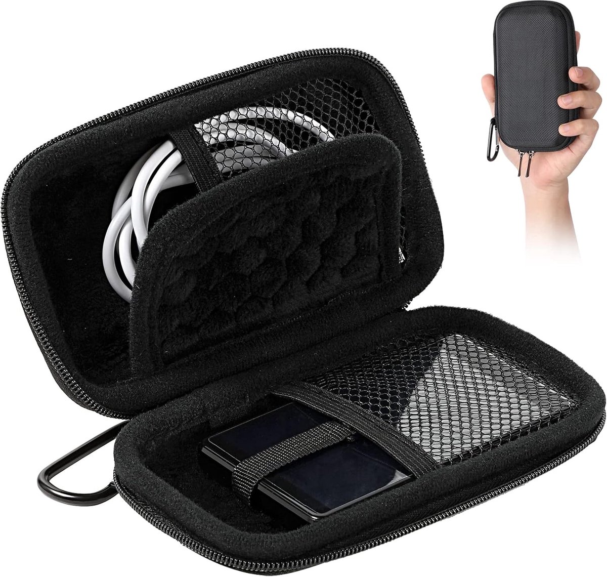 harde hoes voor het opbergen en beschermen van iPod Touch/MP3/MP4/hoofdtelefoon/USB-kabels, dubbele mesh en dubbele ritssluiting etui, compatibel met 4/5 inch scherm MP3, 15,4x9,8x3,8CM-zwart