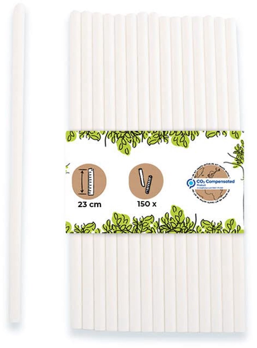 Rietjes, 23 cm, Ø 8 mm, Biologisch afbreekbaar, Witte rietjes, Milieuvriendelijk, 150 Stuks