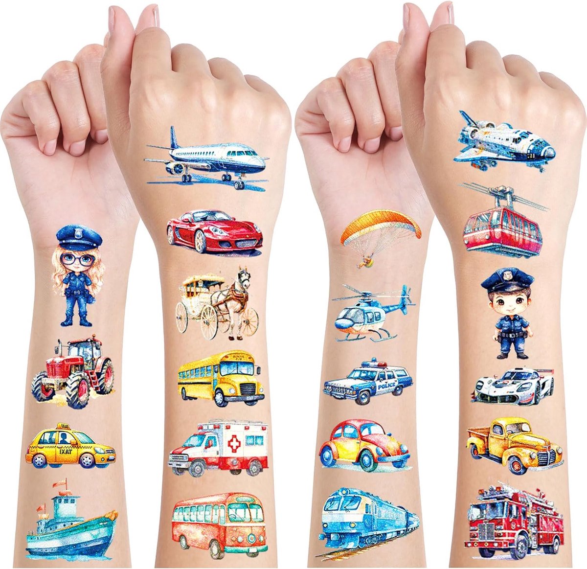 Tattoo Set, 12 Vellen Motorvoertuigen Tijdelijke Tatoeages voor Kinderen, Geschenken voor Gongens en Meisjes, Feestdecoratie, Verjaardagsfeestje Bag Filler