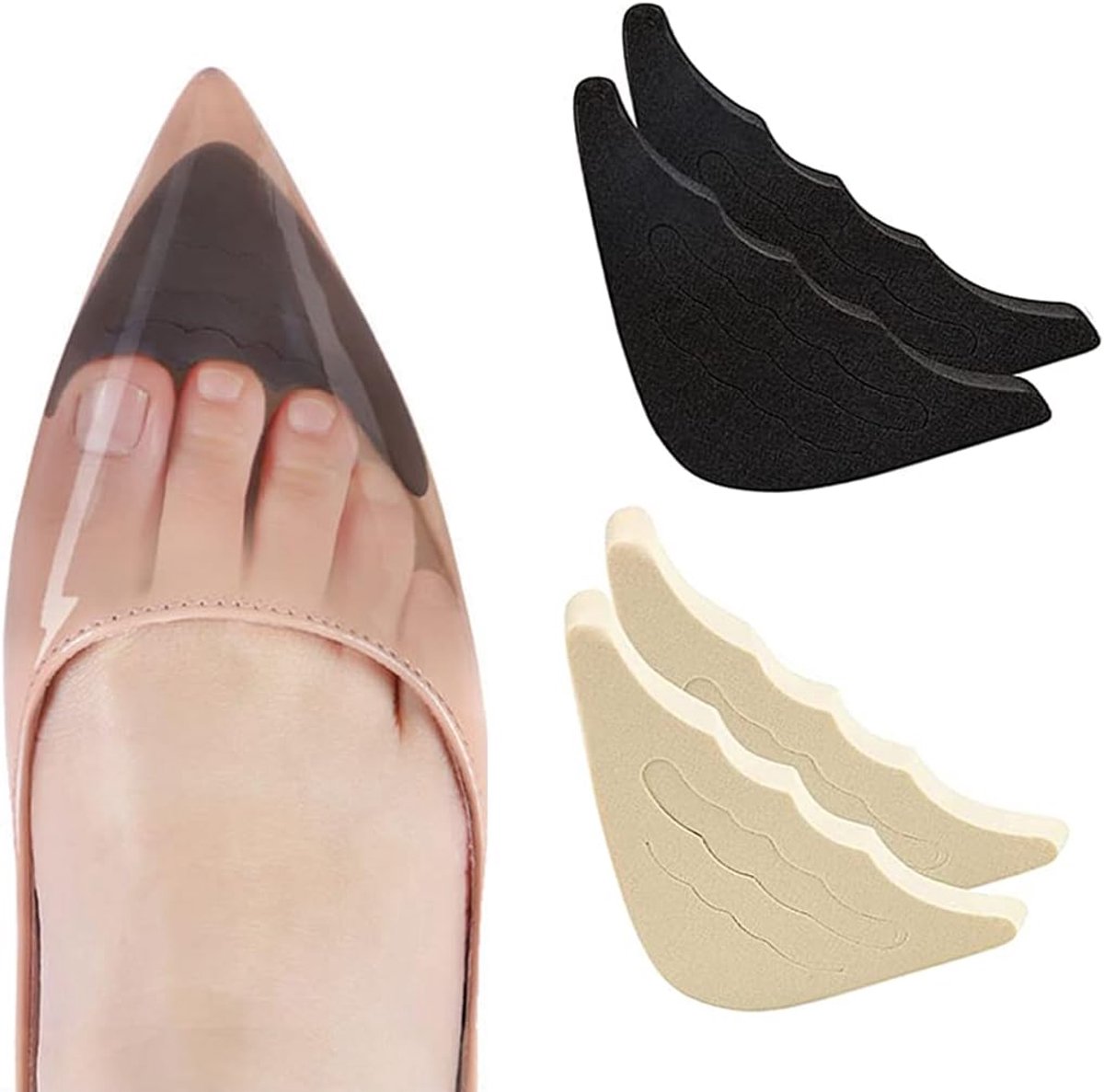 2 paar schoenvullers, schoenpads, inlegzolen, voorvoet/teen, inlegzolen, pijnverlichting, bekleding voor te grote schoenen (zwart en vleeskleurig)