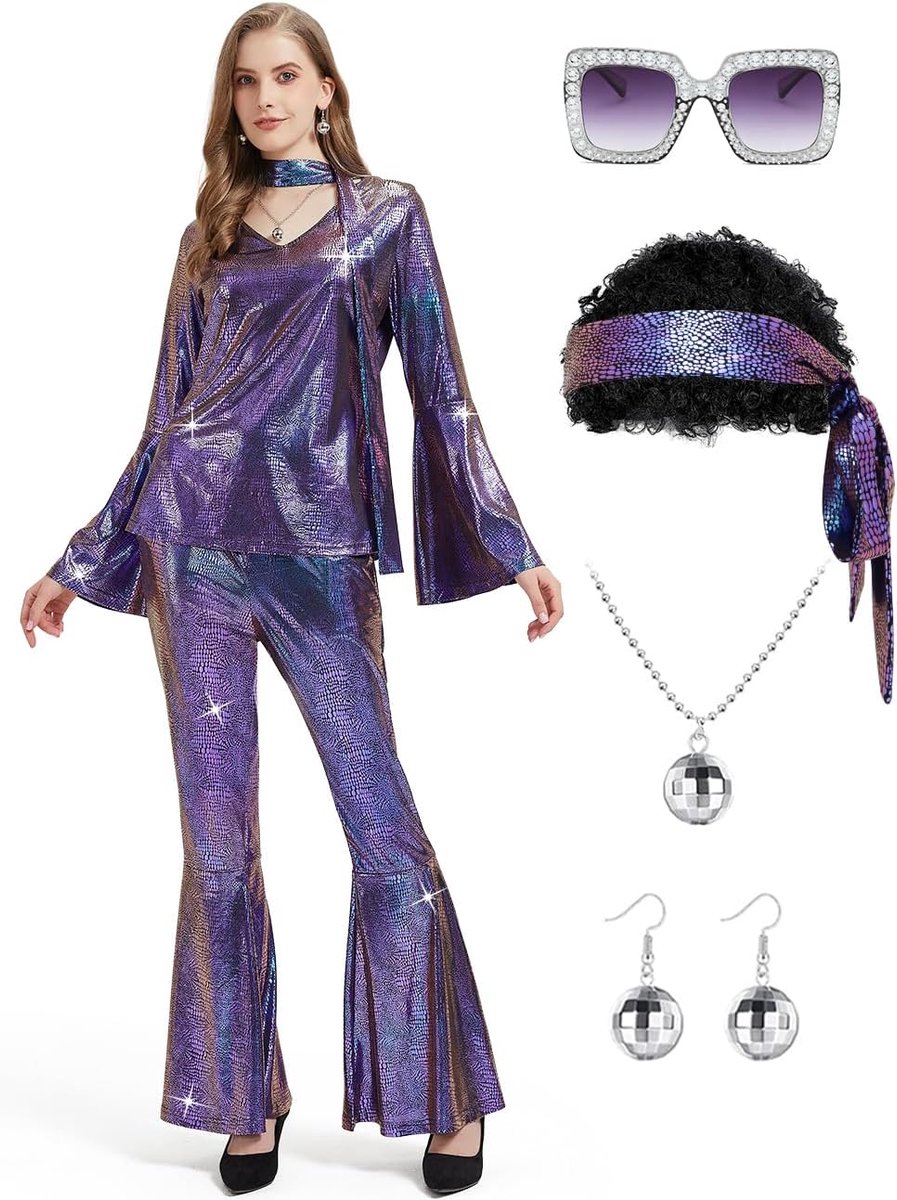 Discooutfit voor dames, jaren '60 en 70 outfit voor Halloween, party, met top, broek, accessoires