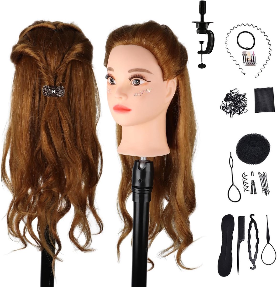trainingshoofd met 60% echt mensenhaar, 60cm donkerbruin cosmetologie mannequin hoofd kapperspop pop hoofd met klem en stylingtools