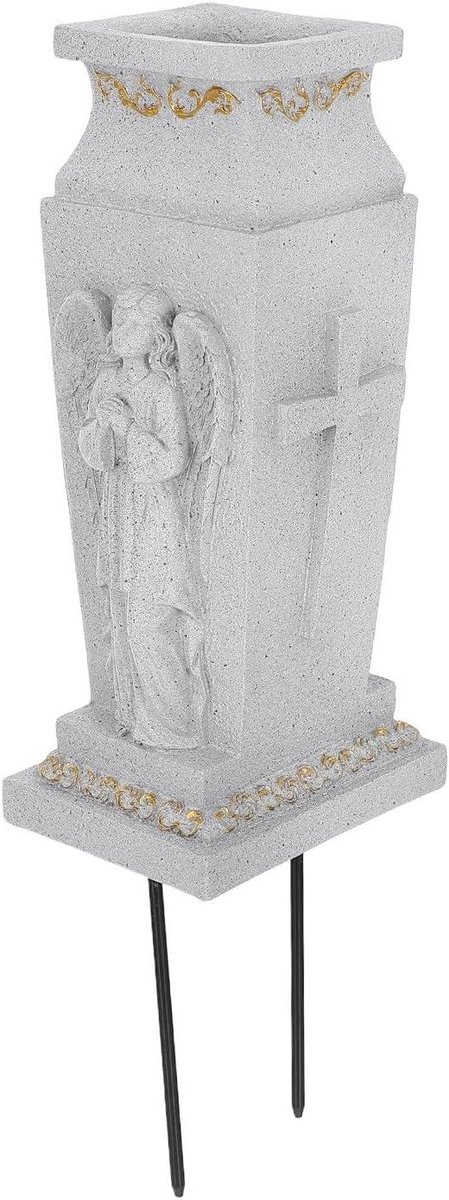 Grafvaas Engel - Bloemenhouder Graf - Grafdecoratie Plaatsen - Weerbestendig Hars - 24.40 cm - Grijs