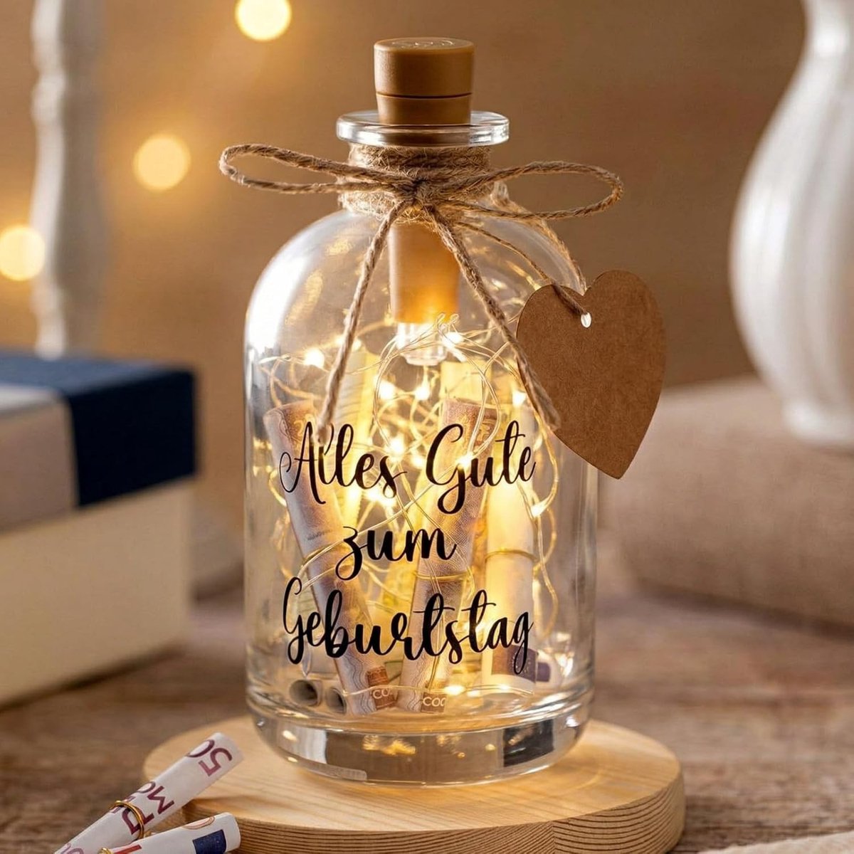 Verlichte Fles voor Geldcadeaus met LED Licht - Decoratieve Verpakking voor Verjaardagen en Kerstmis, Ideaal voor Vrouwen en Feestelijke Gelegenheden