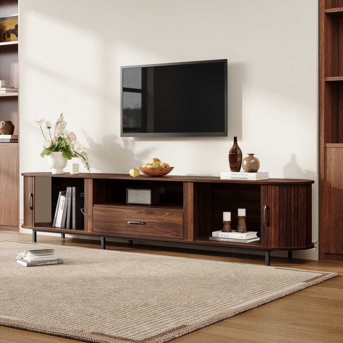 MIVRAY TV Kast - Retro Tv Meubel Met Schuifdeuren En Lade - Voor Woonkamer En 75 Inch Tv - MDF - Walnoot - 180x40x50 Cm