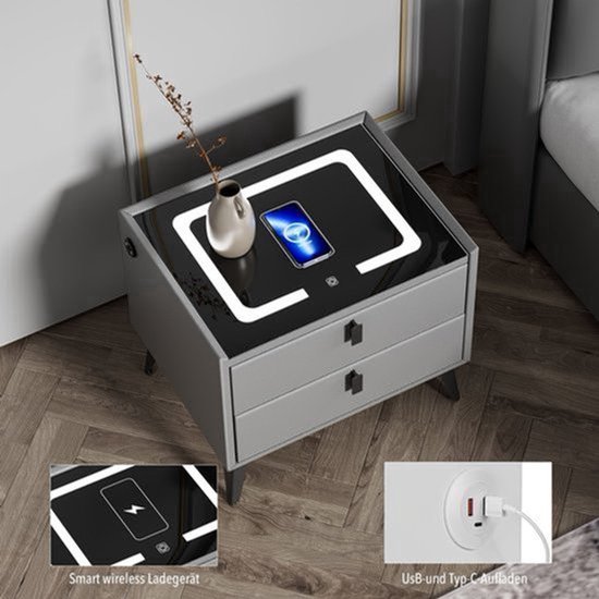 Grijze nachtkast met 2 lades, glazen blad met draadloze oplader, USB- en Type-C-poorten.