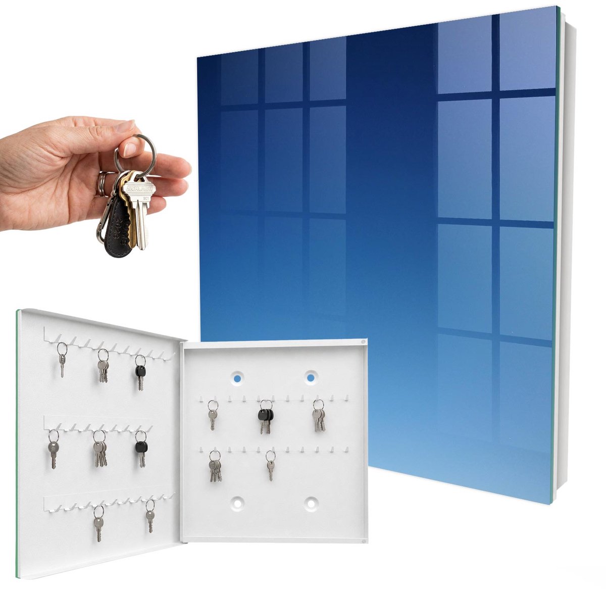 WallMuralia - Sleutelkast - 30x30x5 cm - met 50 haken - Blauwe Lucht Sleutelkastje Voor Binnen - Blauw Sleutelbox - Linksopenend - Wit interieur