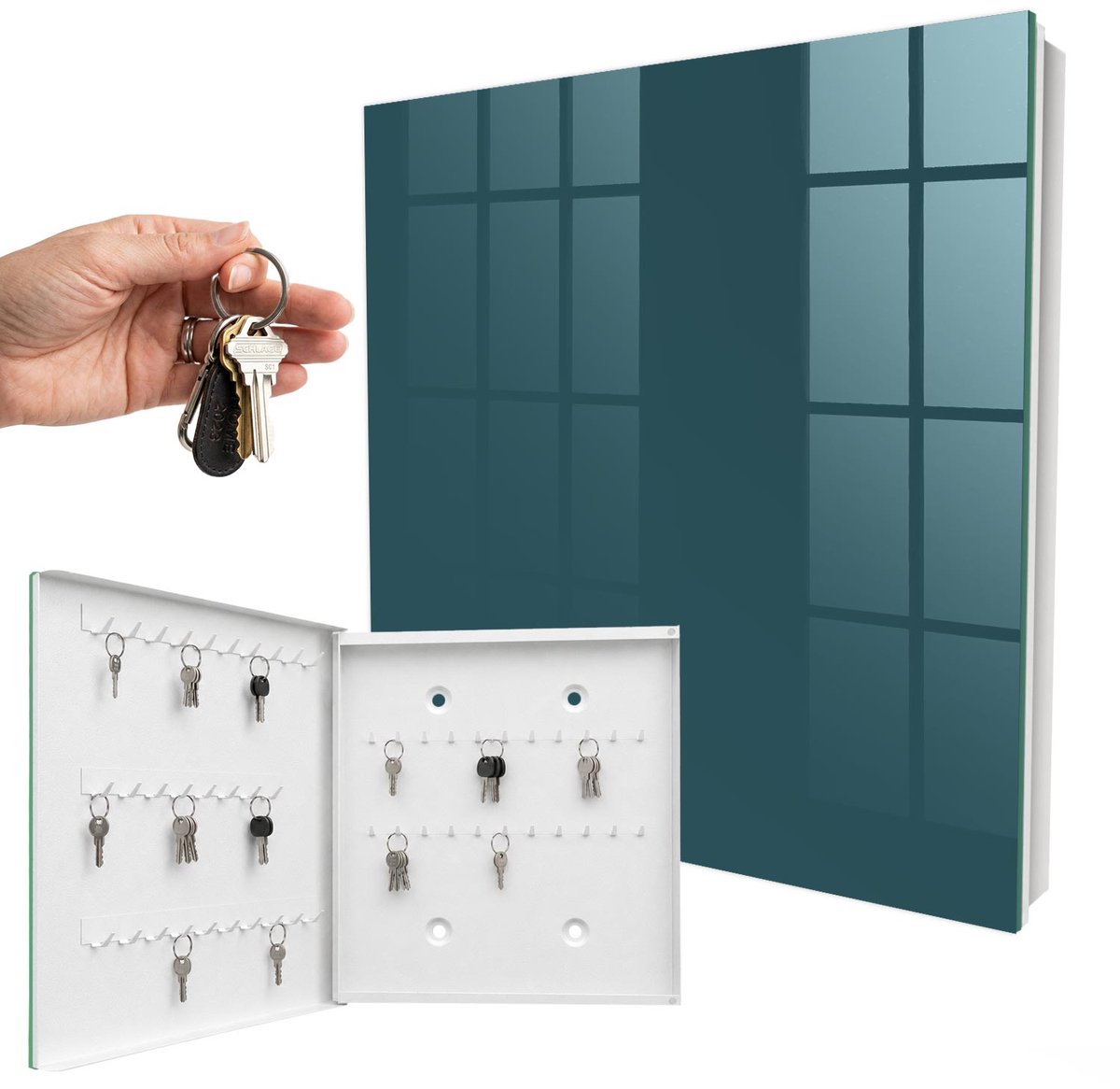 WallMuralia - Sleutelkast - 30x30x5 cm - met 50 haken - Donker Turkoois Sleutelkastje Modern - Turkoois Sleutelbox - Linksopenend - Wit interieur