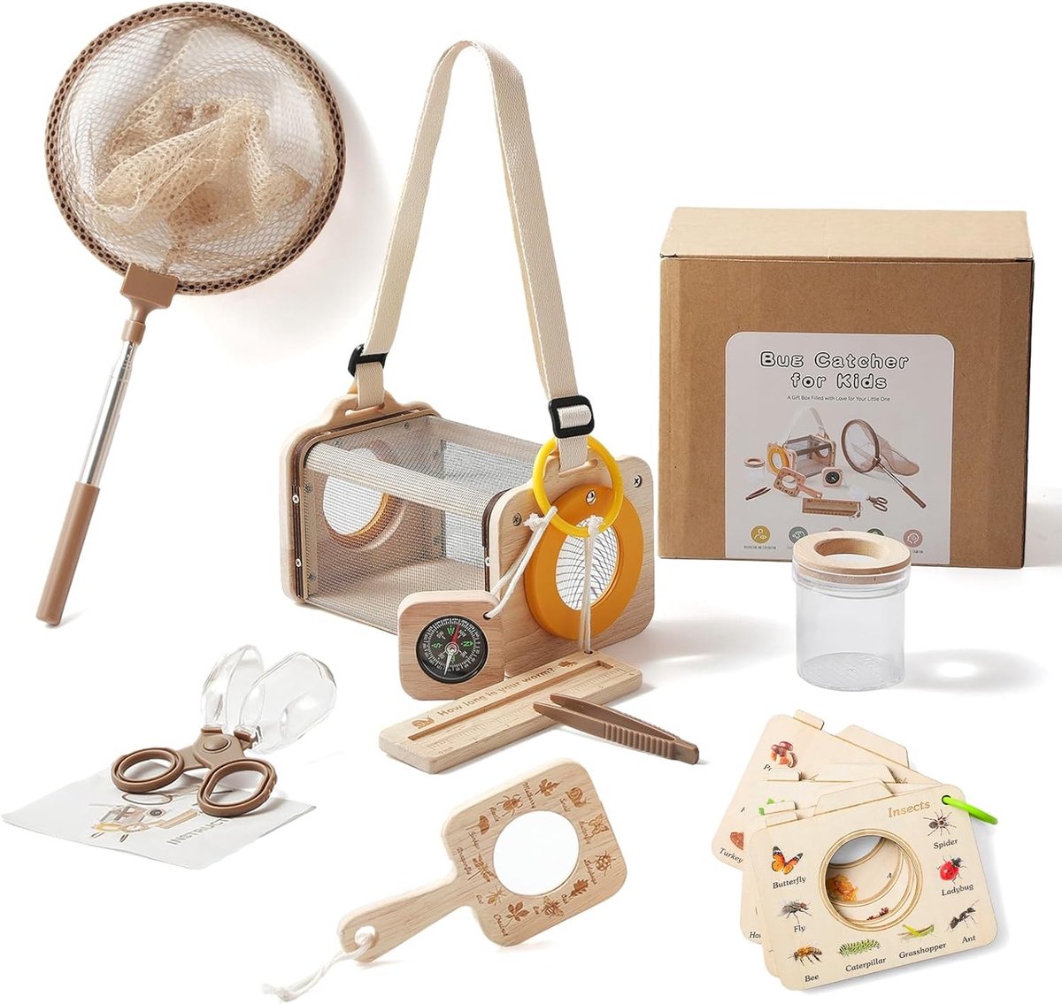 SnelShoppen - Houten Bijtspeelgoed Set voor Kinderen, 9-delige Buiten Speelset met Insecten Net, Vergrootglas, Kompas, Leerzaam Speelgoed voor Camping