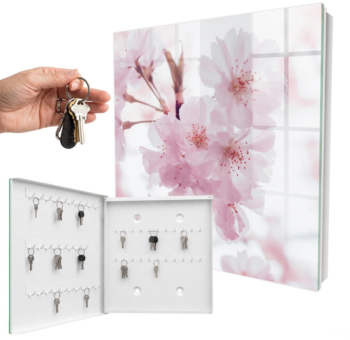 WallMuralia - Sleutelkast - 30x30x5 cm - met 50 haken - Kersenbloesems Leuk Sleutelkastje - Roze Sleutelbox - Linksopenend - Wit interieur