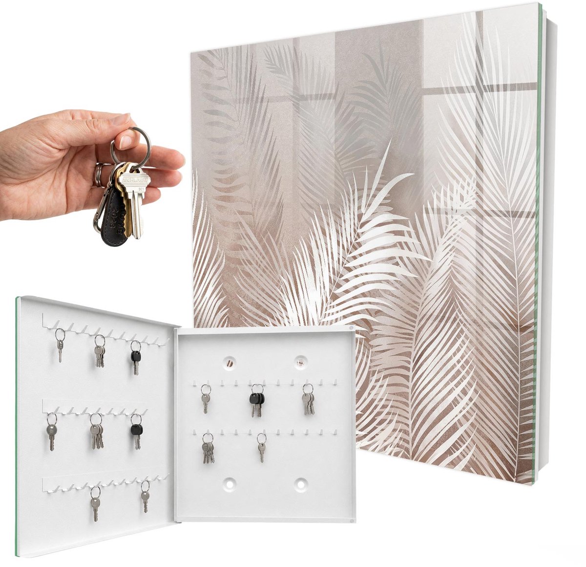 WallMuralia - Sleutelkast - 30x30x5 cm - met 50 haken - Bladeren Van Elegantie Sleutelkastje Design - Beige Sleutelbox - Linksopenend - Wit interieur