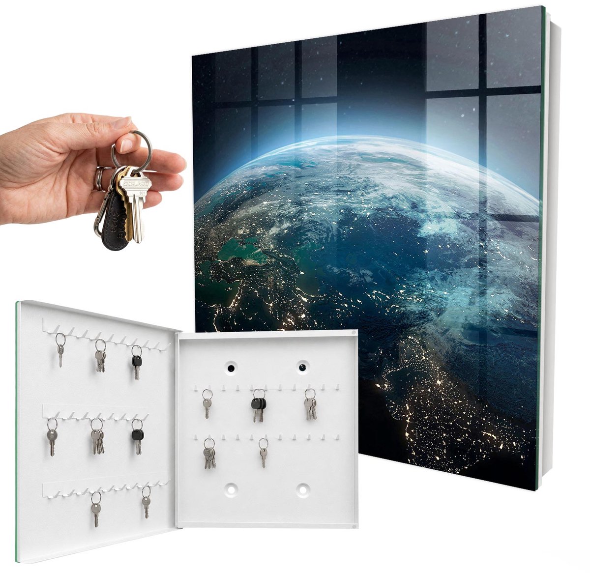 WallMuralia - Sleutelkast - 30x30x5 cm - met 50 haken - Nacht Aarde Sleutelkastje Design - Blauw Sleutelbox - Linksopenend - Wit interieur