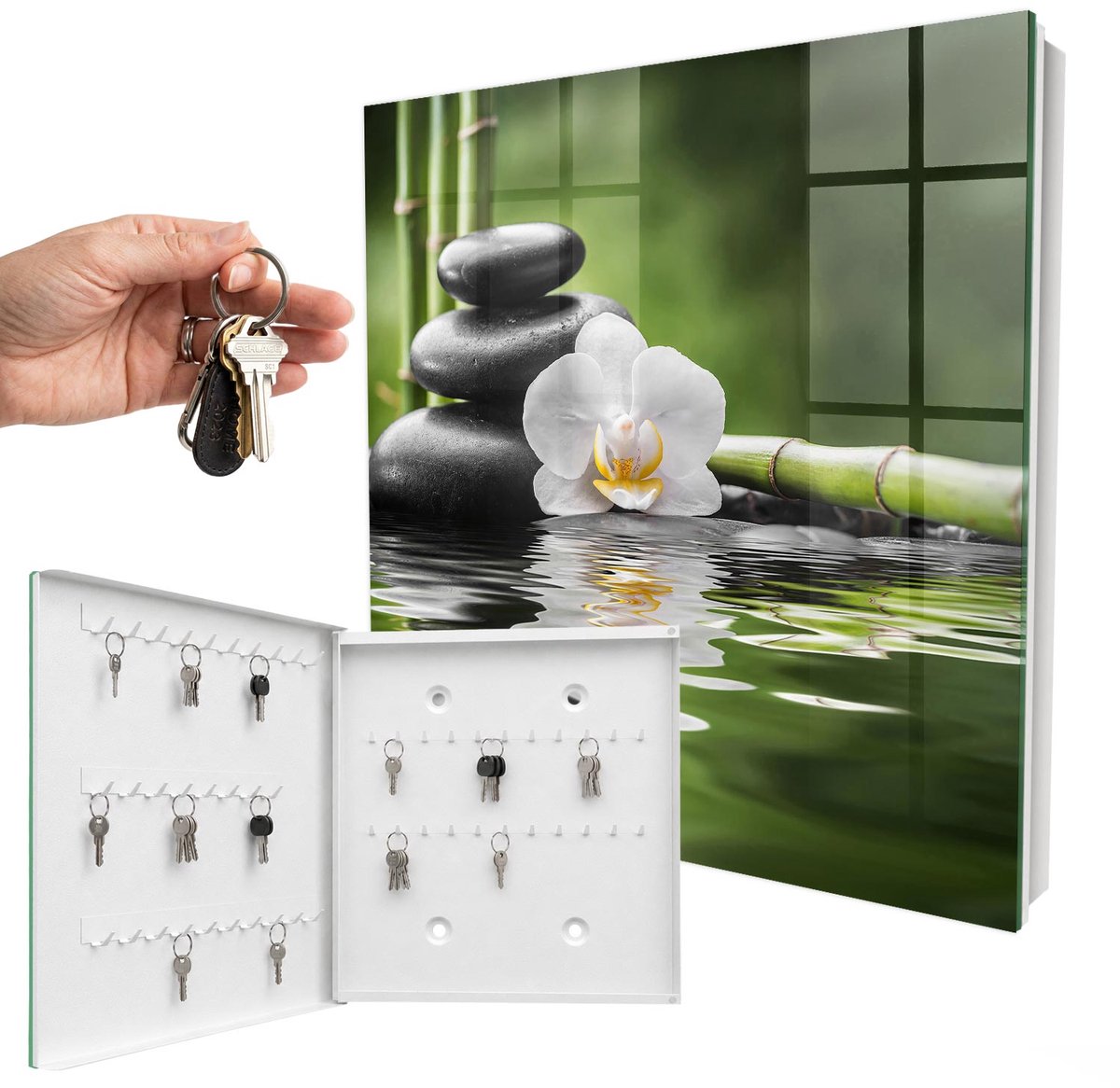 WallMuralia - Sleutelkast - 30x30x5 cm - met 50 haken - Zen-Orchidee Sleutelkastje Hal - Groente Sleutelbox - Linksopenend - Wit interieur