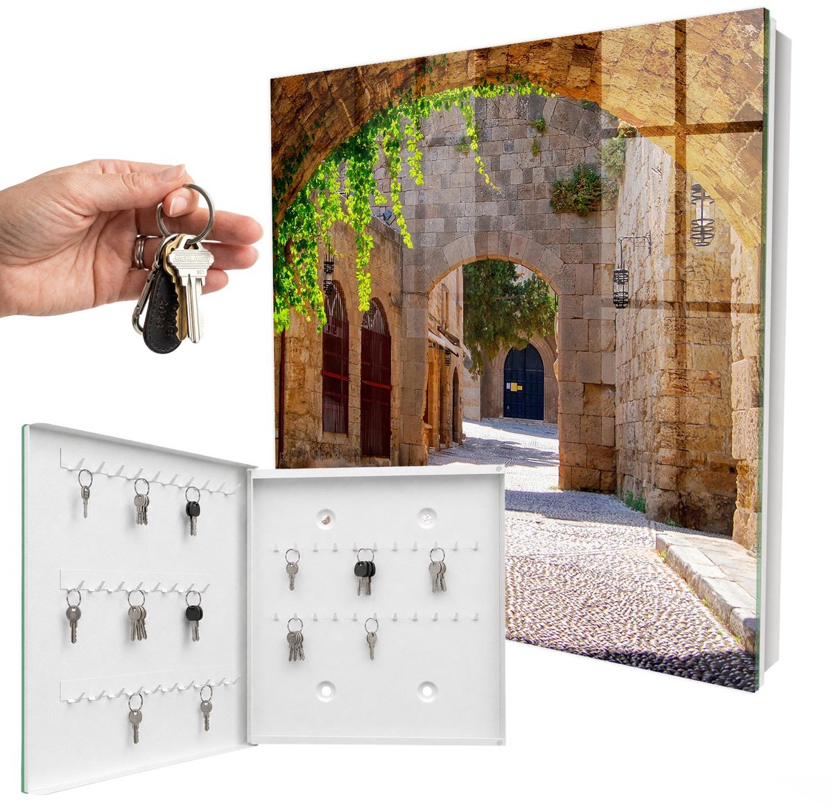 WallMuralia - Sleutelkast - 30x30x5 cm - met 50 haken - Steenstraat Sleutelkastje Muur - Beige Sleutelbox - Linksopenend - Wit interieur