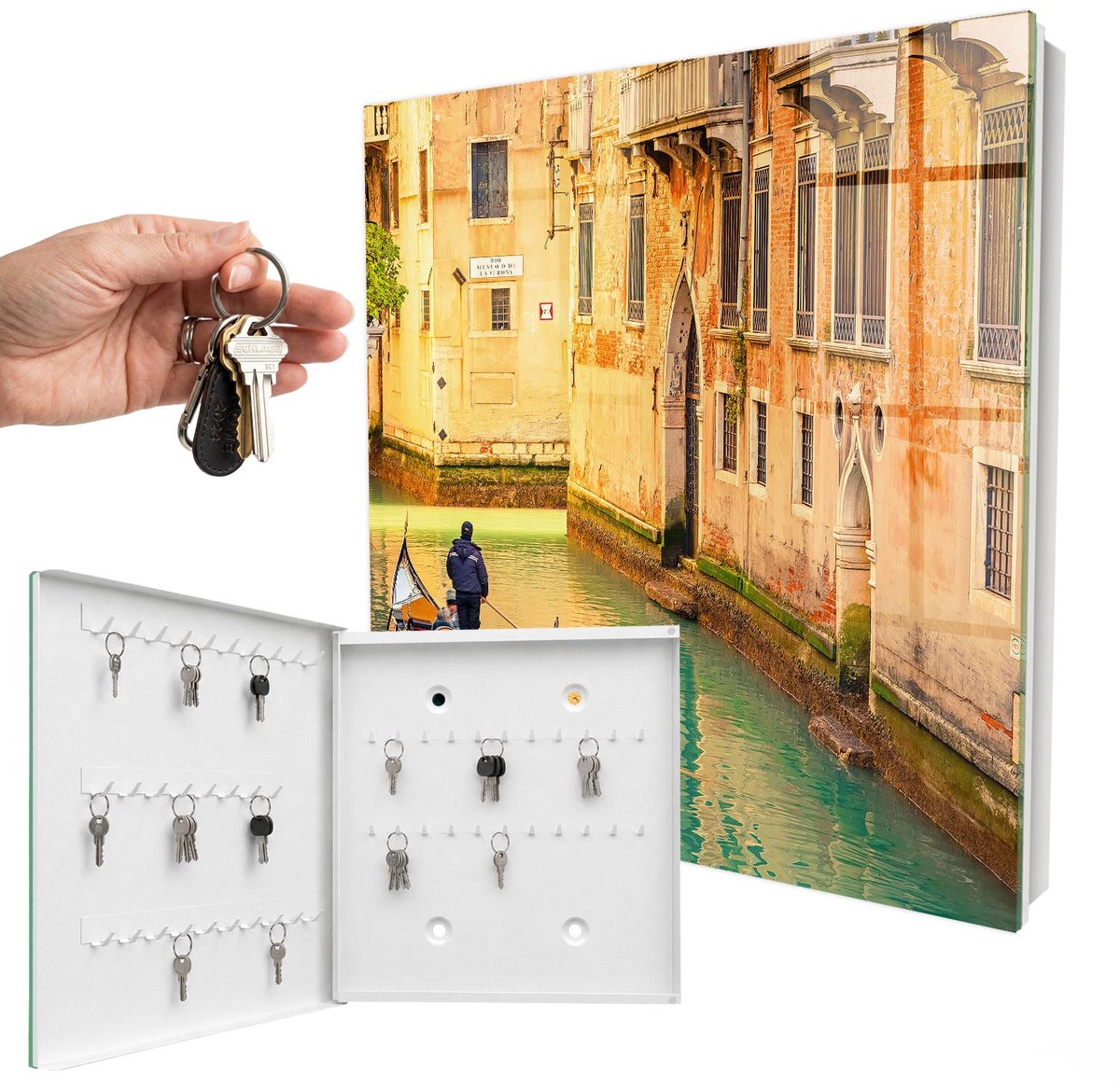 WallMuralia - Sleutelkast - 30x30x5 cm - met 50 haken - Kanaal Van Venetië Sleutelkastje Voor Binnen - Oranje Sleutelbox - Linksopenend - Wit interieur