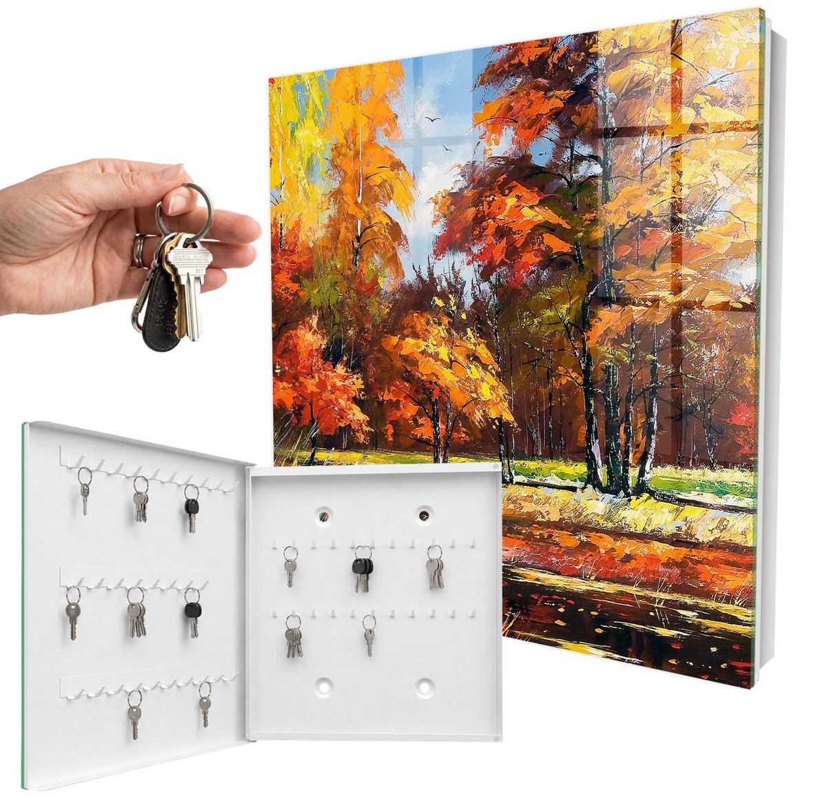 WallMuralia - Sleutelkast - 30x30x5 cm - met 50 haken - Herfstlandschap Groot Sleutelkastje - Oranje Sleutelbox - Linksopenend - Wit interieur