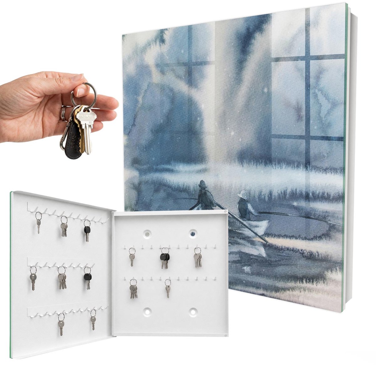 WallMuralia - Sleutelkast - 30x30x5 cm - met 50 haken - Gedwongen Stilte Sleutelkastje Hal - Blauw Sleutelbox - Linksopenend - Wit interieur