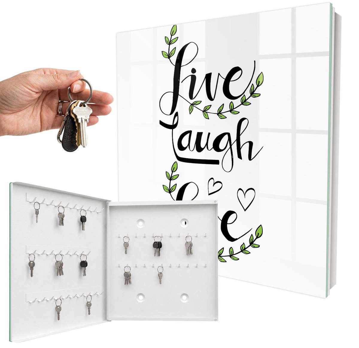 WallMuralia - Sleutelkast - 30x30x5 cm - met 50 haken - Positieve Typografie Sleutelkastje Landelijk - Wit Sleutelbox - Linksopenend - Wit interieur