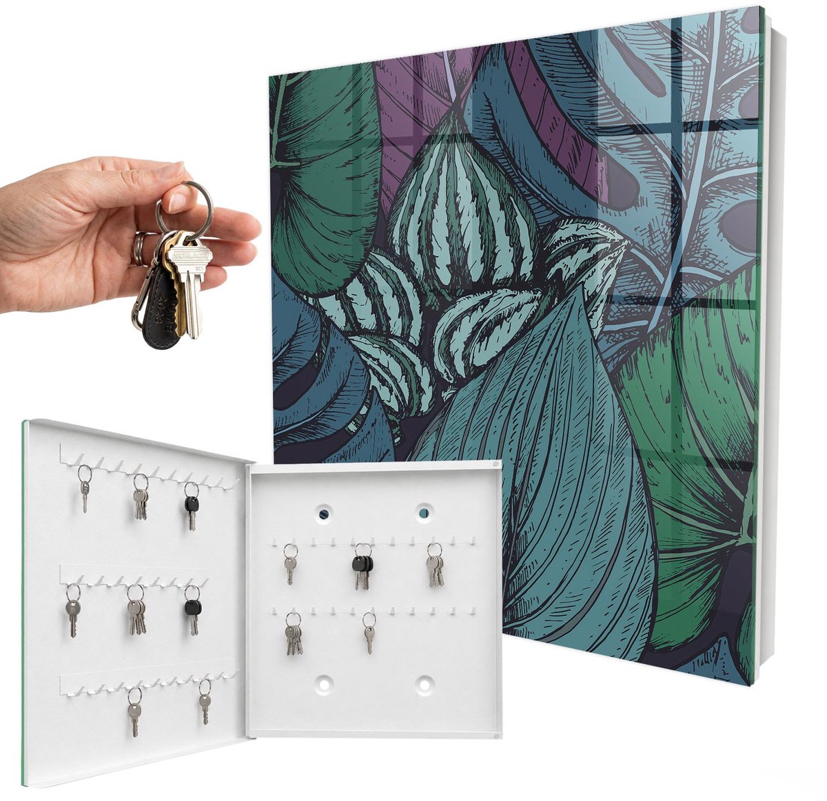 WallMuralia - Sleutelkast - 30x30x5 cm - met 50 haken - Mysterieuze Bladeren Sleutelkastje Modern - Groente Sleutelbox - Linksopenend - Wit interieur