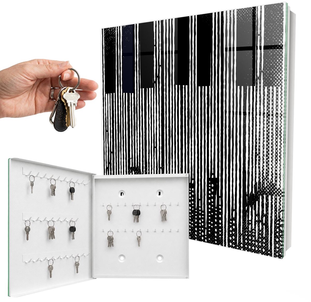 WallMuralia - Sleutelkast - 30x30x5 cm - met 50 haken - Geometrische Lijnen Sleutelkastje Binnen - Zwart-Wit Sleutelbox - Linksopenend - Wit interieur