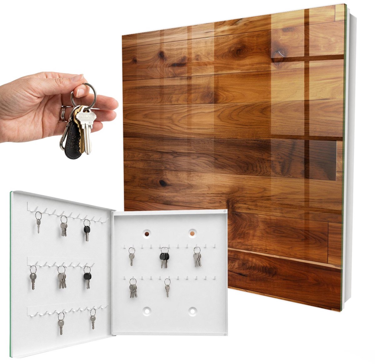 WallMuralia - Sleutelkast - 30x30x5 cm - met 50 haken - Houten Planken Sleutelkastje Landelijk - Bruin Sleutelbox - Linksopenend - Wit interieur