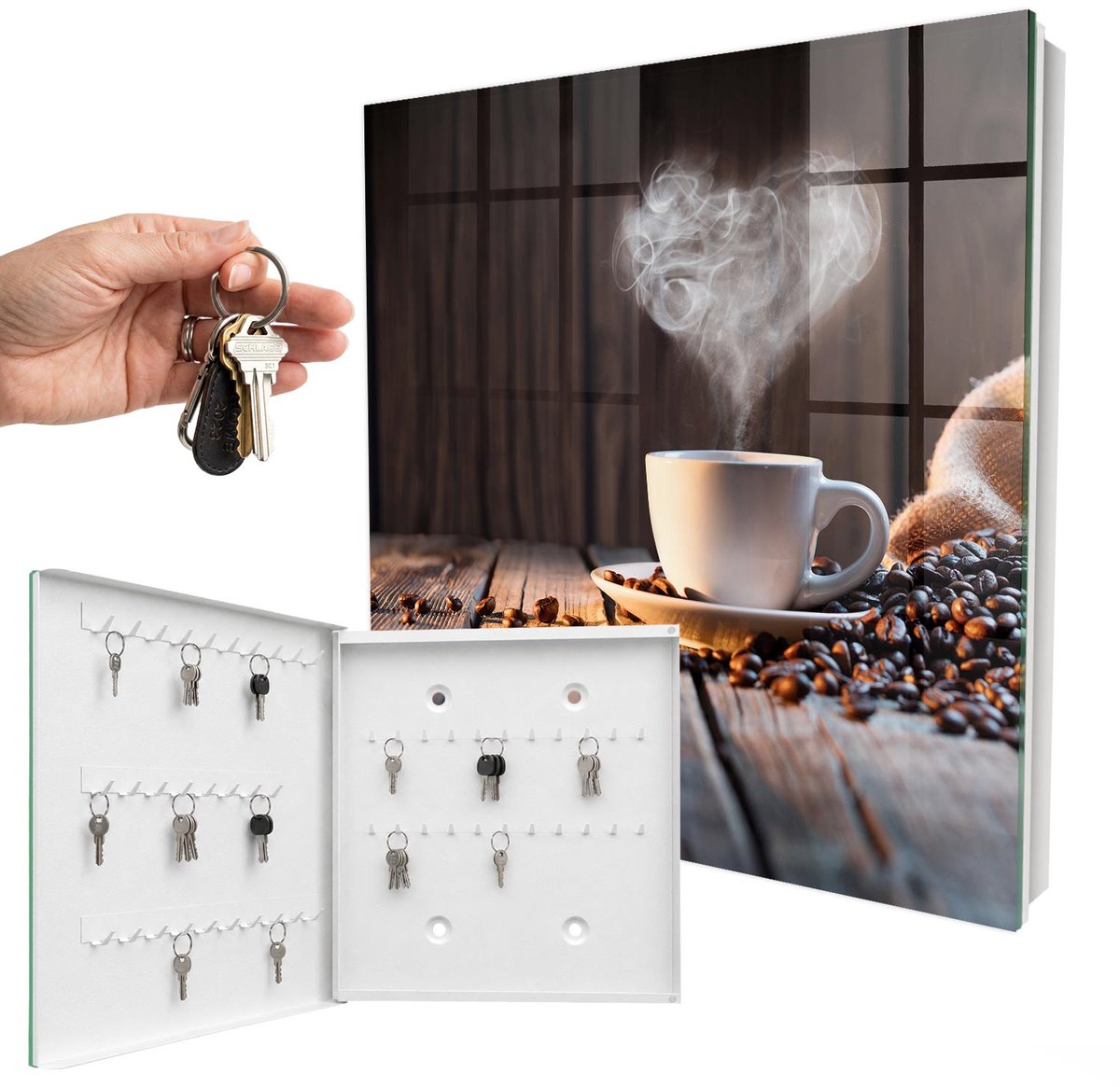 WallMuralia - Sleutelkast - 30x30x5 cm - met 50 haken - Koffiehart Sleutelkastje Design - Bruin Sleutelbox - Linksopenend - Wit interieur