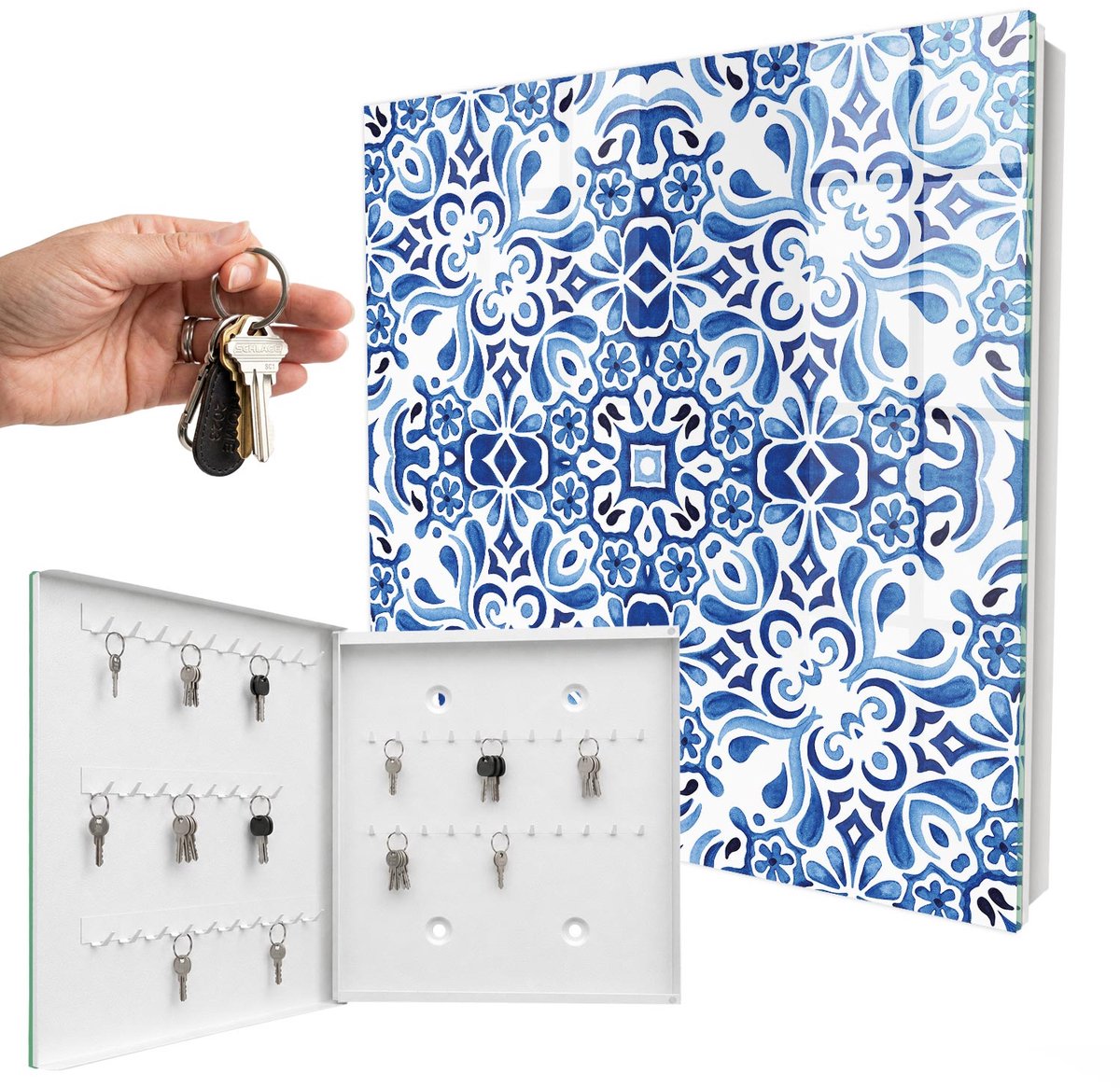 WallMuralia - Sleutelkast - 30x30x5 cm - met 50 haken - Tegelornamenten Sleutelkastje Huis - Blauw Sleutelbox - Linksopenend - Wit interieur