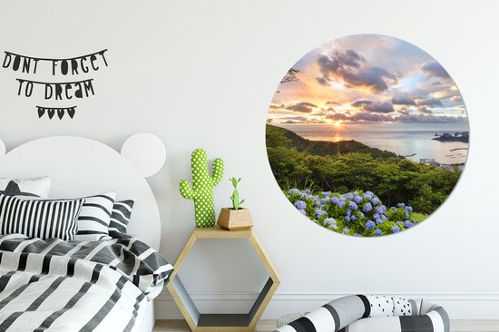 WallCircle - Cercle mural - Cercle mural - Vue mer et hortensias - Aluminium - Dibond - 120x120 cm - Intérieur et Extérieur XXL