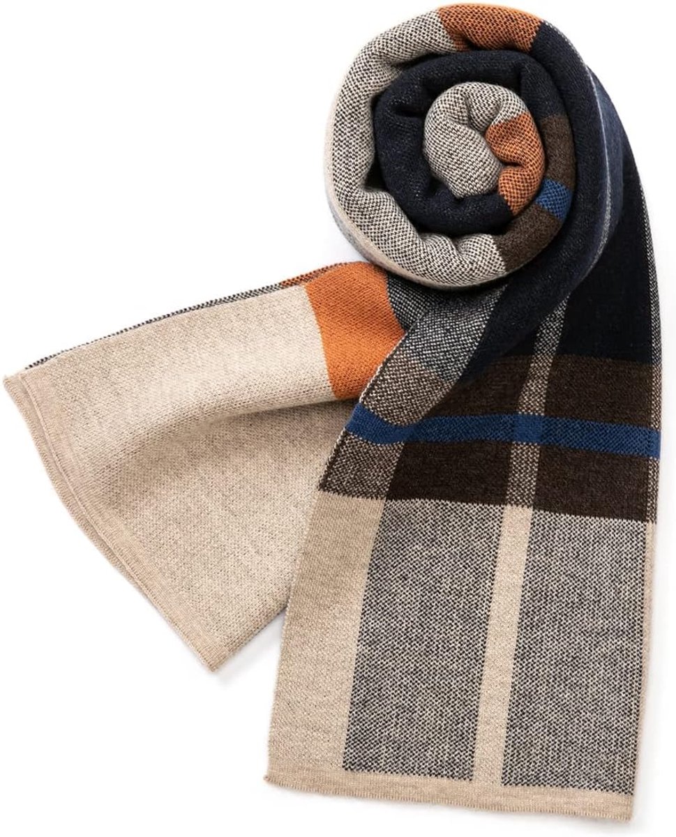 Australische merinowol Tartan gebreide sjaal voor heren, geruite winterwarme dikke zachte halskleding met geschenkdoos, 180 × 30 cm, camel sinaasappel tartan,