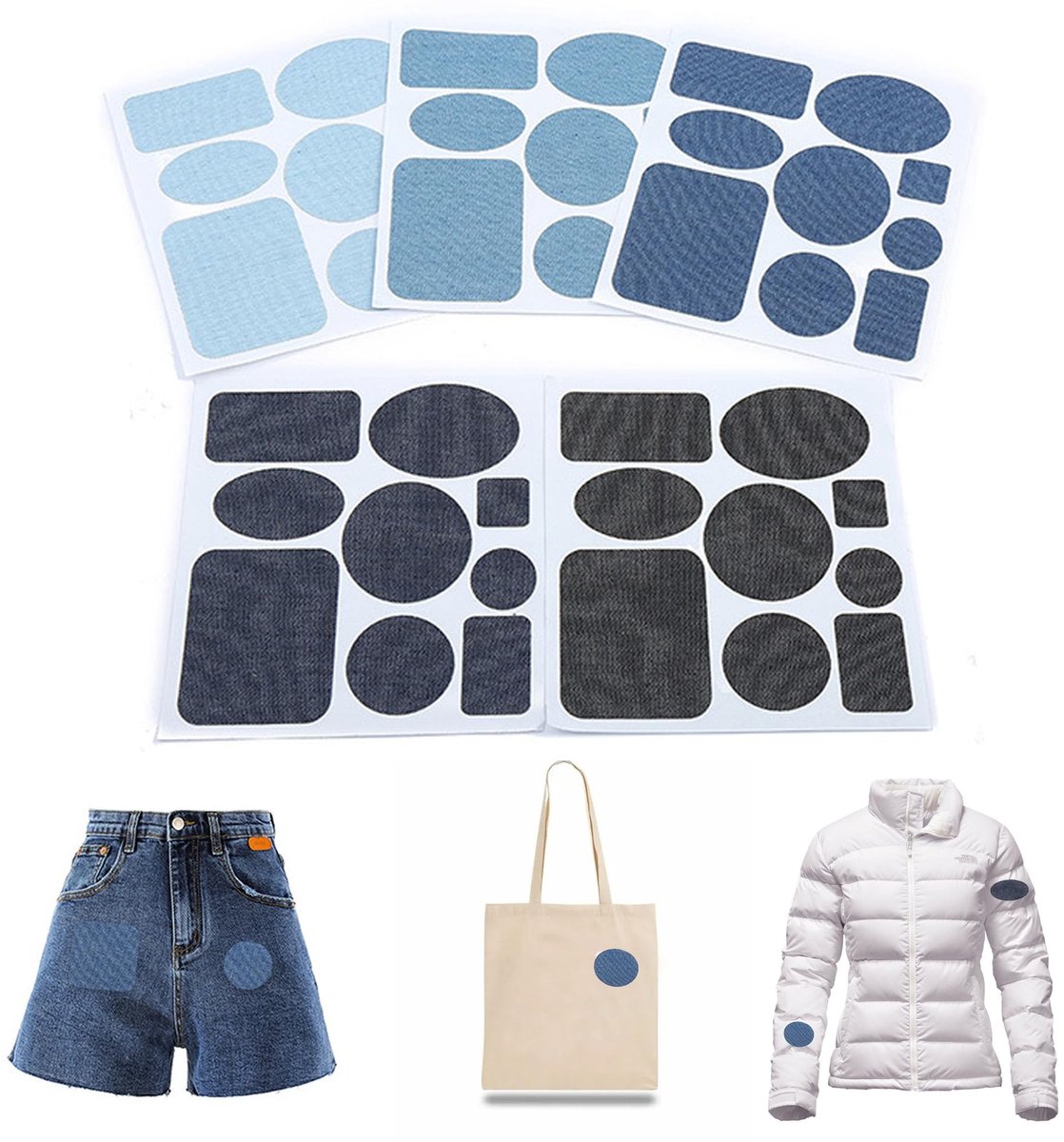 Dailygoods - 45-delige Jean patches om op te strijken, 5 kleuren zelfklevende reparatiepatches, opstrijkpatches voor jeans, denim patches, jeans-reparatieset voor jeans, kleding, gatreparatie