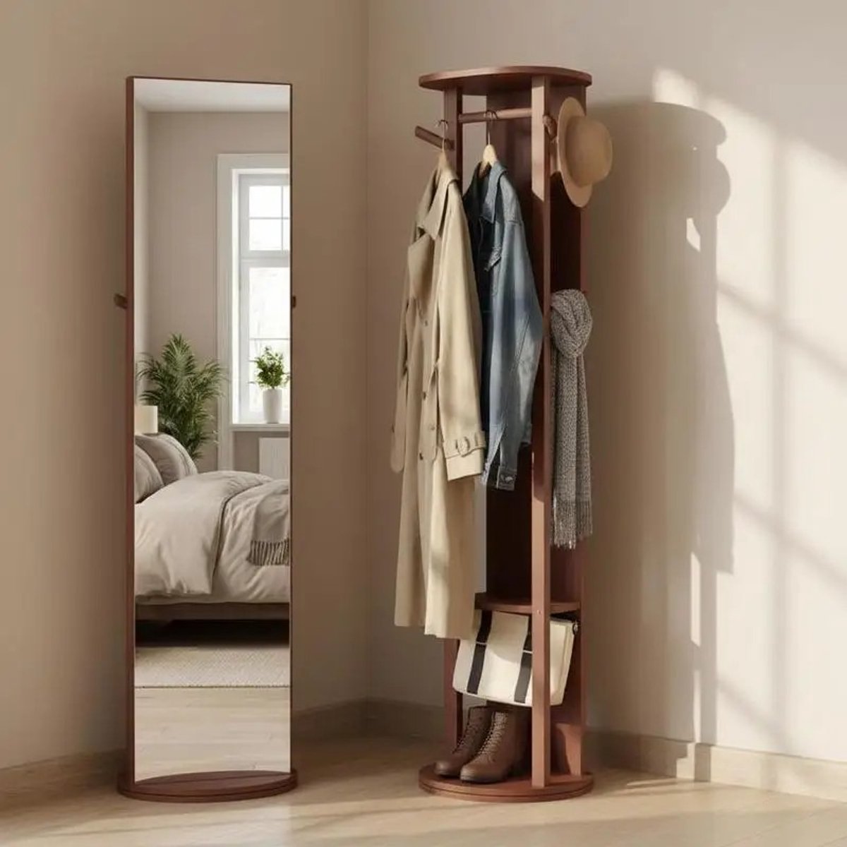 Dailygoods Volledige lengte spiegel kapstok van massief hout met kledinghangers - naturel