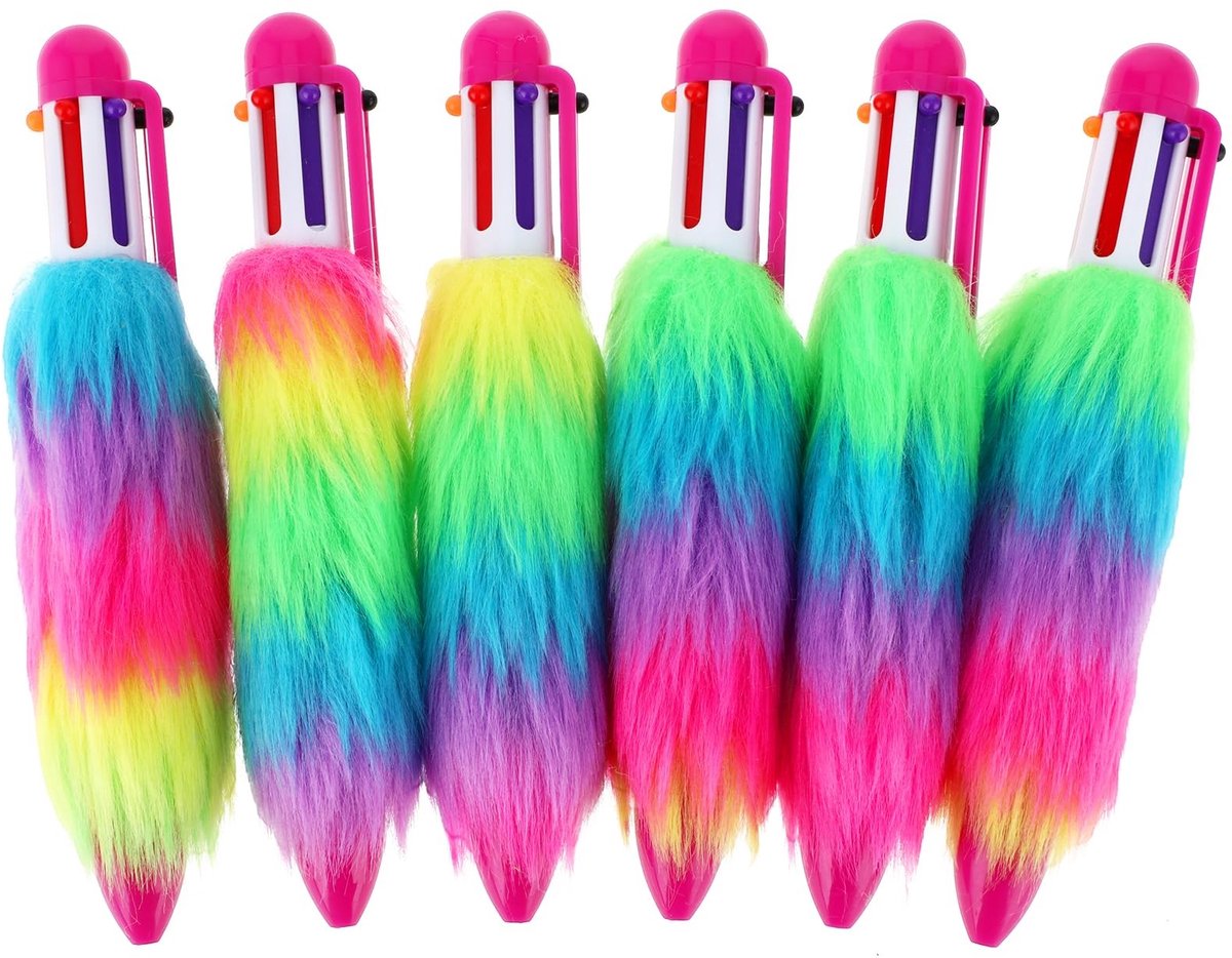 Dailygoods - Mabor 6 Stks 6-in-1 Pluizige Pen, Multicolor Intrekbare Balpen 0.5mm Kleur Balpennen Roze Pluizige Pennen voor Vrouwen Kantoorbenodigdheden Gift