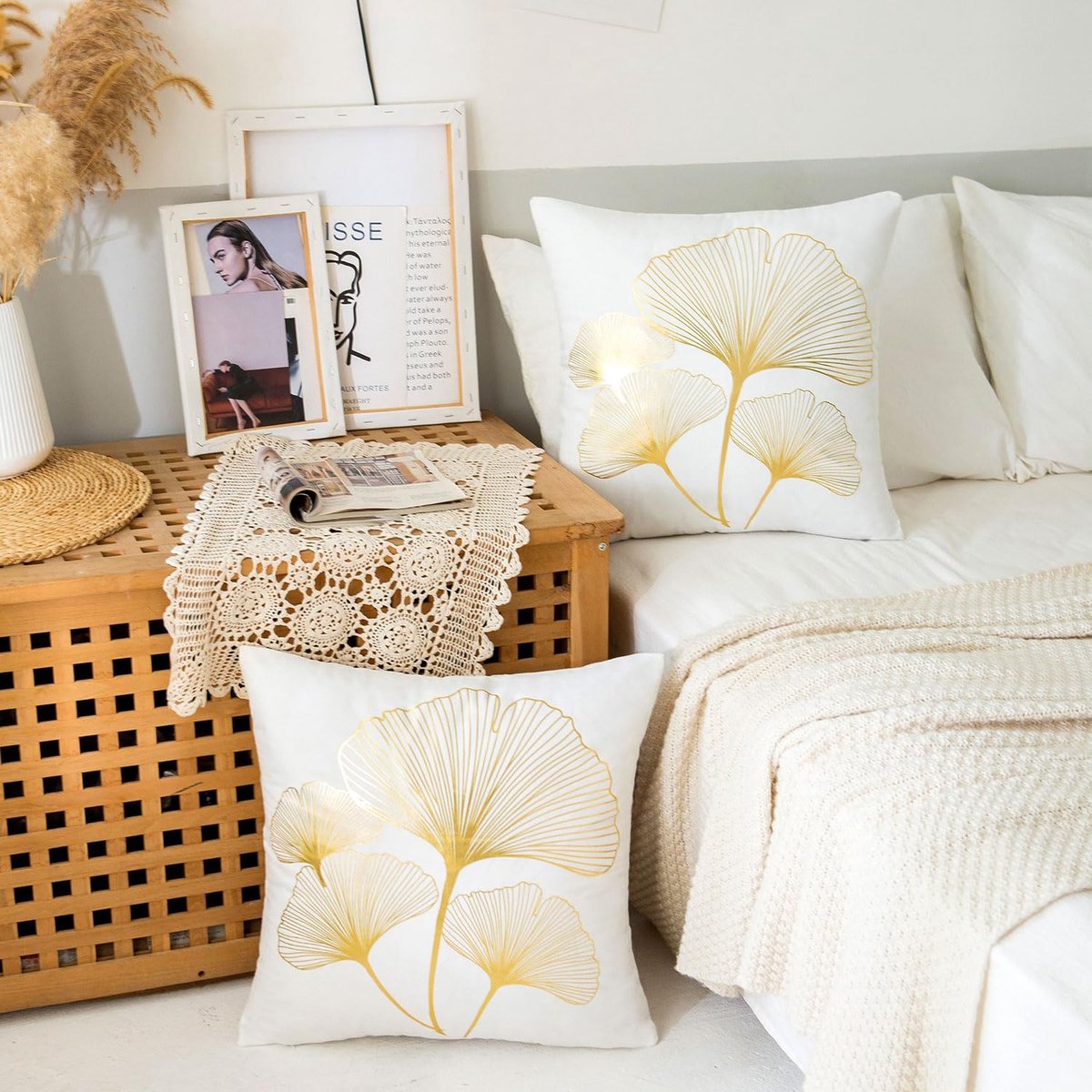 Set van 2 kussenslopen, 45 x 45 cm, sofakussenovertrek, fluweel, goud, ginkgo, Biloba, moderne vierkante kussenhoezen, voor woonkamer, bank, bed, tuin, wit