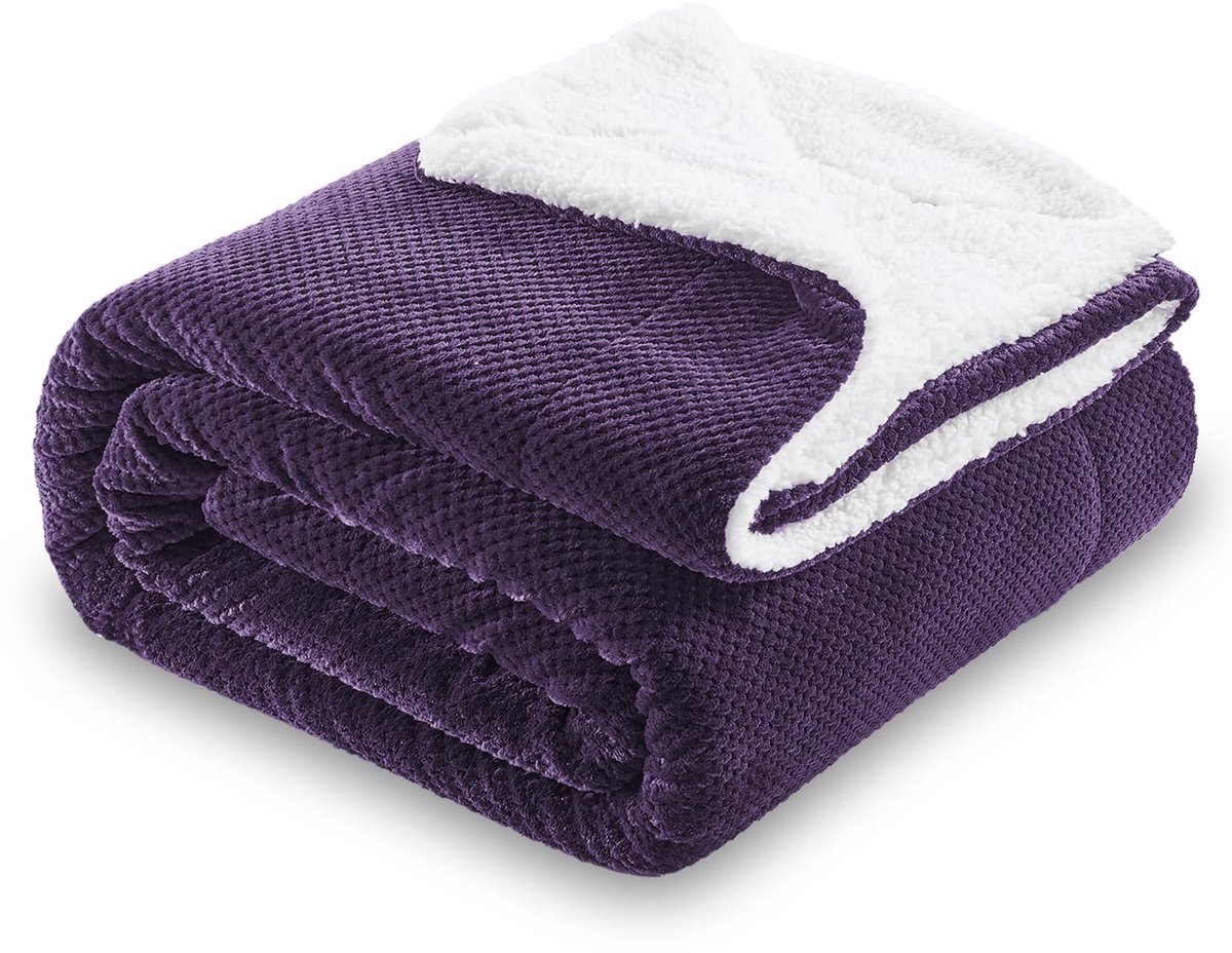 Wafelijzer Sherpa Fleece Deken, superzachte, fluweelzachte warme, lichte, omkeerbare pluche deken voor bed, bank en bank, 220 x 240 cm Diepviolet