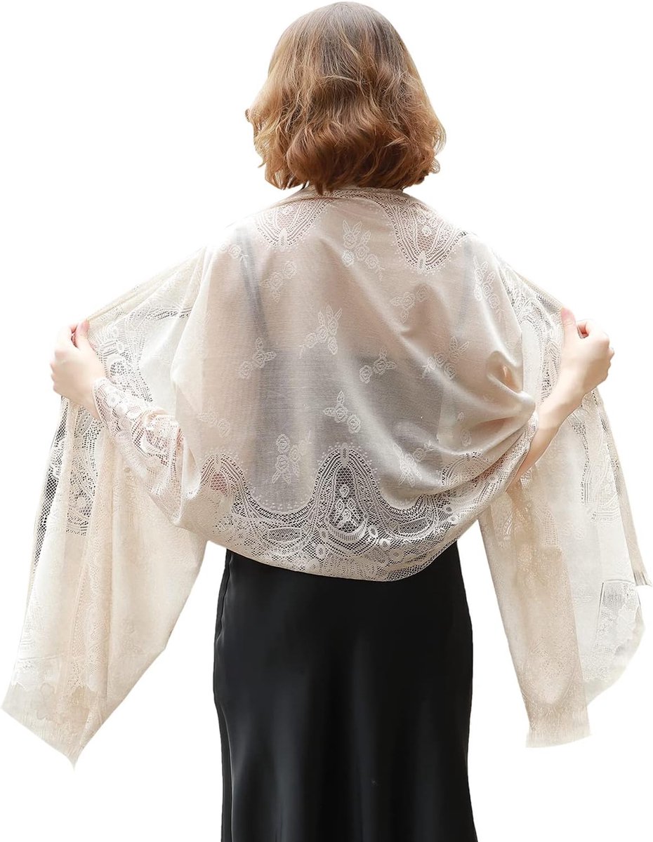 Dames Kant Sjaal met Bloemenmotief – Elegante Lichte Omslagdoek met Franje – Perfect voor Avondkleding, Bruiloften & Feestjes