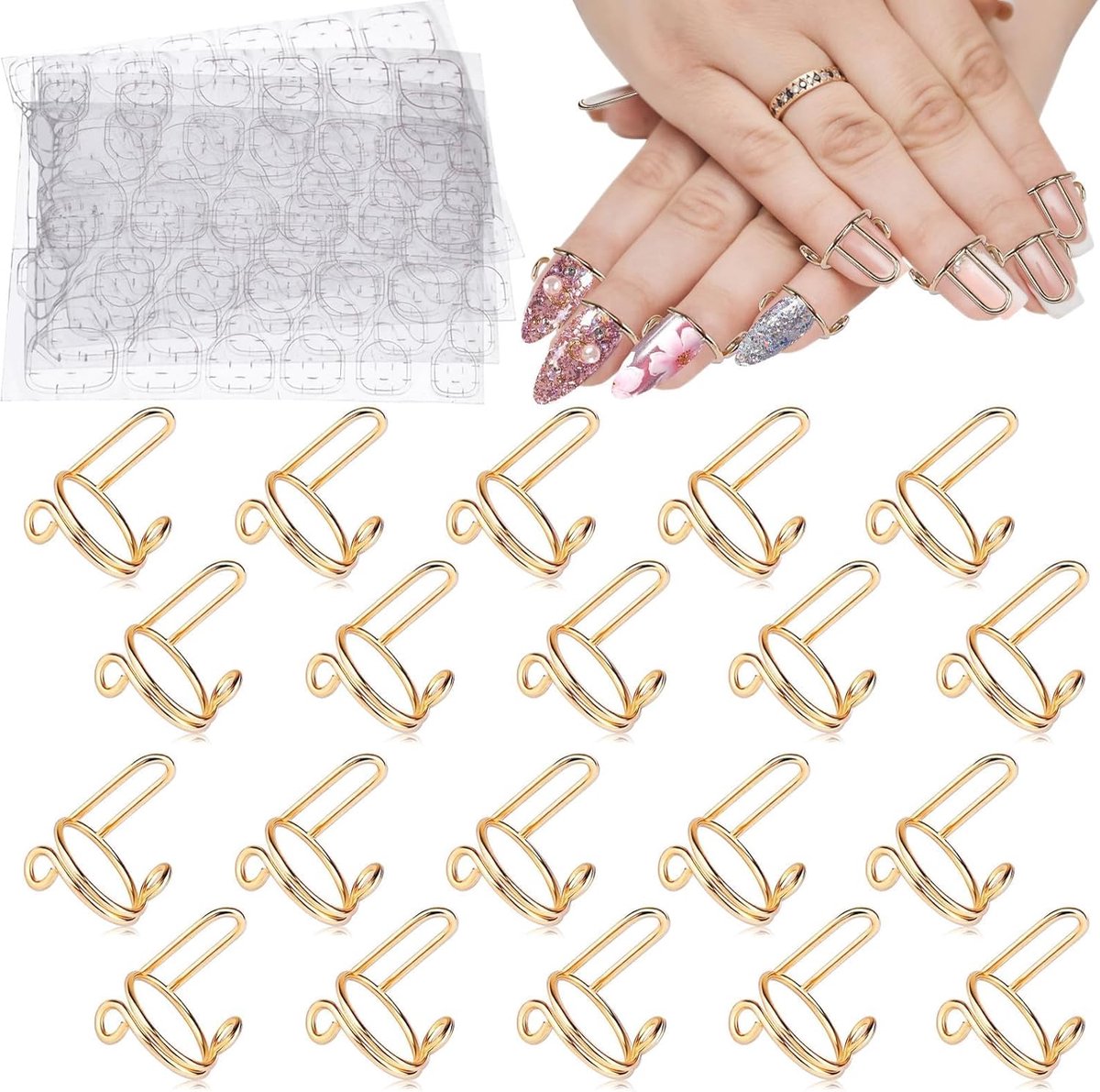 20PCS Wudu Nagelringen, Verstelbare Vingernagelringen met 96PCS Nagellijm Herbruikbare Metalen Nagel Ring Set voor Valse Nagels, Nagelkunst Decoratie (Goud)