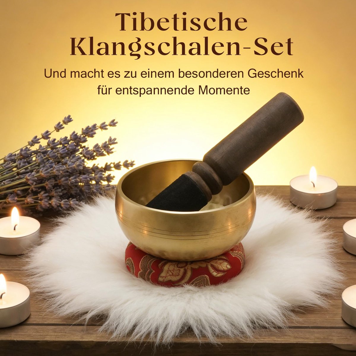 Tibetaanse zangschalen-set, handgemaakte schaal met houten klopper en kussentje, 8 cm zangschaal voor meditatie, ontspanning, unieke cadeaus voor alle gelegenheden