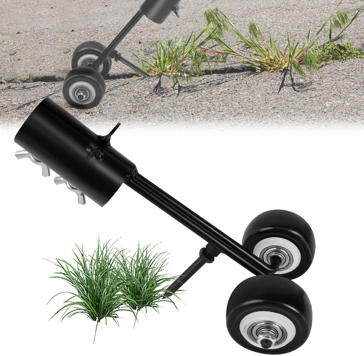 Onkruidtrekker met wielen, voor de tuin, Handmatige verwijderaar, Staande onkruidhaak voor kieren en scheuren, verwijderen tussen tegels, blokken, bestrating en patio (rechte haak)