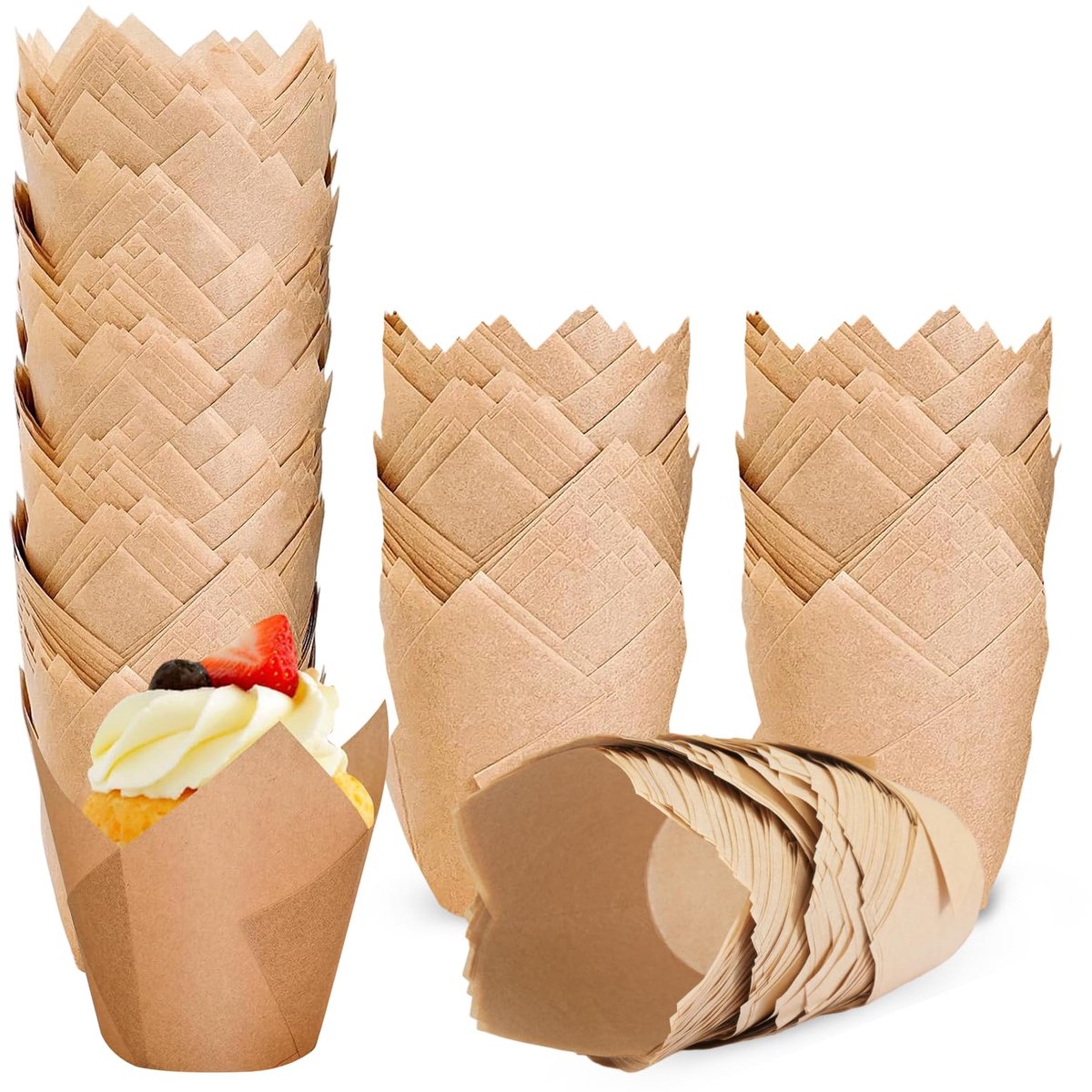 Muffinvormpjes, papier, tulpen, natuurlijke ongebleekte cupcake-vormen, standaardformaat, bakvormpjes, papier voor bruiloft, verjaardag, feest (B)