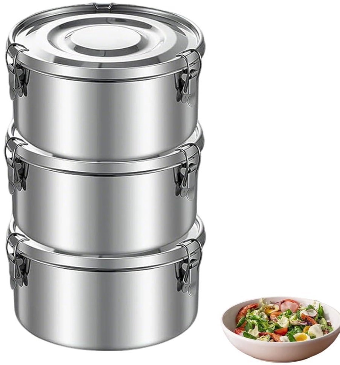 3 stuks broodtrommel van roestvrij staal, 360 ml, lekvrije roestvrijstalen broodtrommel voor kinderen, met deksel, lunchbox, roestvrij staal, snackbox, metalen blikje voor fruit, muesli en