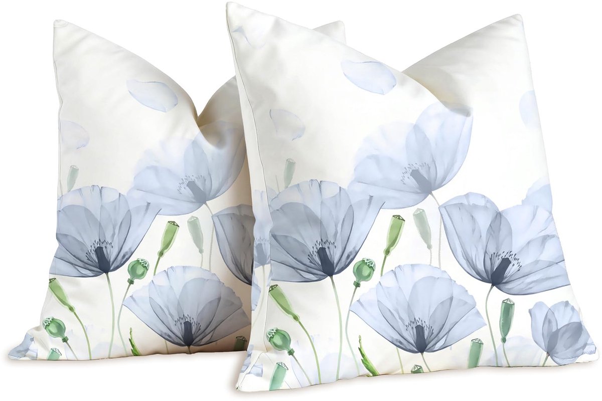 Sierkussen, 45 x 45 cm, set van 2 kussenslopen, paarsblauwe bloemen, kussenhoezen, lente, bankkussen, waterdicht, zomer, kussensloop, polyester, sierkussen
