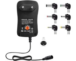 Universele AC/DC-voedingsadapter van 30 W, 3V/4,5V/5V/6V/7,5V/9V/12V, schakelende voedingstransformator van 1A/2A, met 6 haakse DC-aansluitingen, geschikt voor huishoudelijke elektronische apparaten.