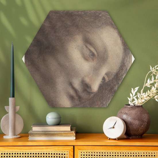 Hexagon wanddecoratie - Kunststof Wanddecoratie - Hexagon Schilderij - The Head of the Virgin - Leonardo da Vinci - 75x65 cm